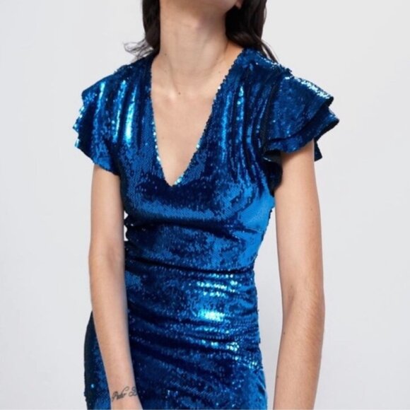 Zara Blue Sequins Ruffled-Sleeve Mini Dress Size Small - Picture 1 of 8